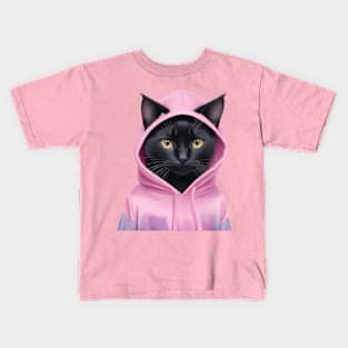 Black cat wearing pink hoodies Kids T-Shirt